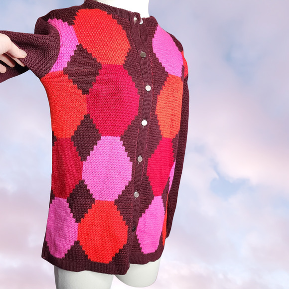 50s Vintage Jack Winter Wool Argyle Cardigan Sweater Retro Preppy Grandma Sz 36 - Picture 2 of 5